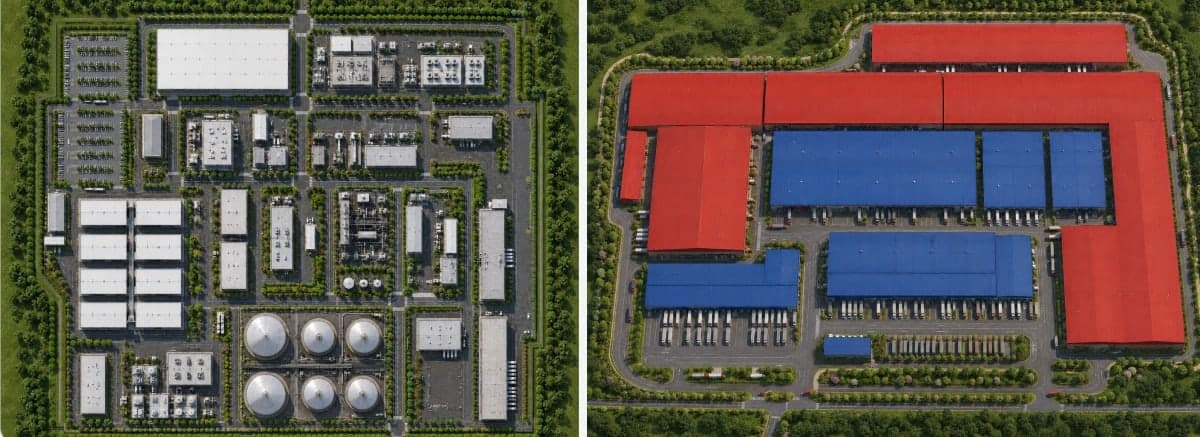Plant layout color-coded by section, next to the photorealistic aerial rendering generated from it