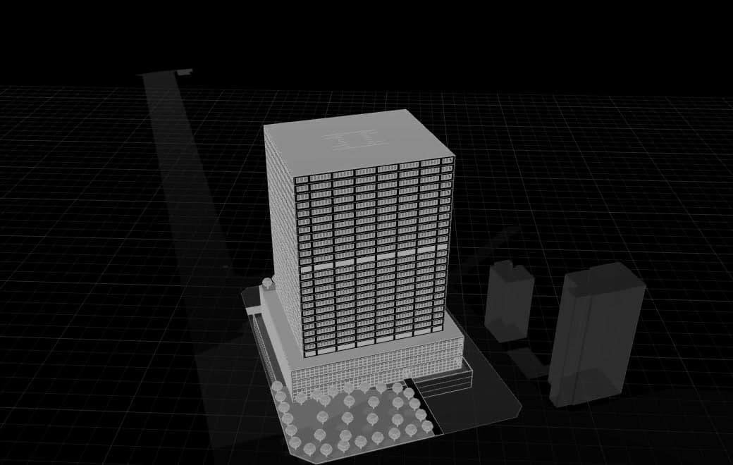 3D model of an office building assembled from drawings and documents, in inverted black and white